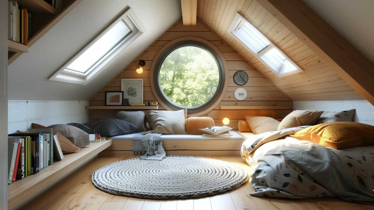 Moderní dětský pokoj v podkroví s postelí